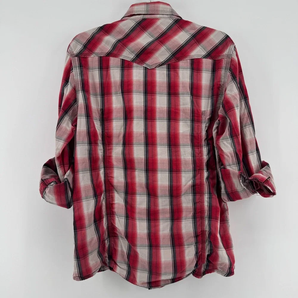 True Religion Plaid Pearl Snap Button Western Shirt Red Black White Size L *READ